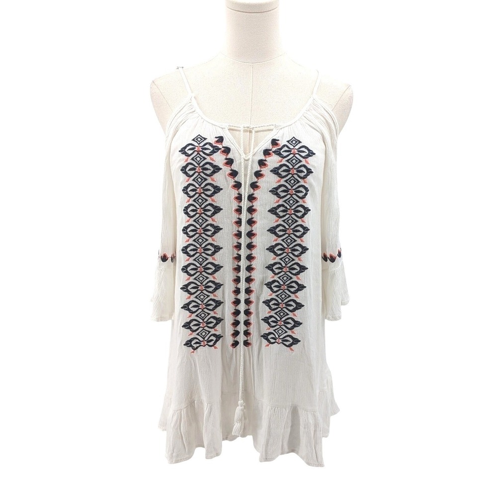Boho Embroidered Cold Shoulder‎ Tunic Top Cream Viscose Exist S